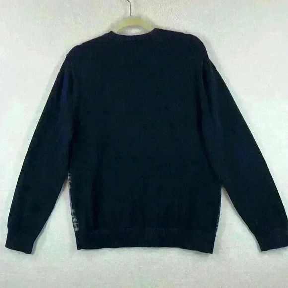 Express Men’s Sweater Size Large Navy and Gray Plaid Front 100% Cotton - Picture 2 of 6